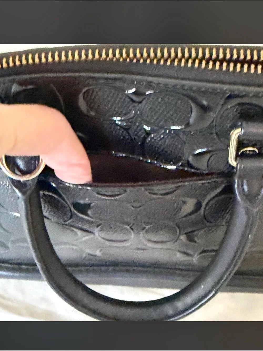 COACH Black Patent Signature Dome Satchel with Gold Hardware
